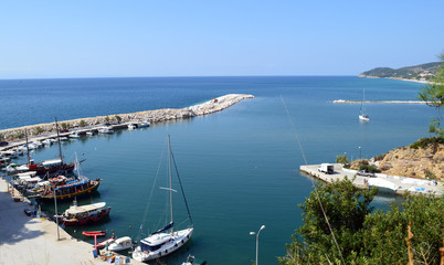 Aerial view of old port in Limenaria, Thassos island, Greece