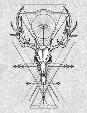 Skull of the deer in ink graphic technique with sacred geometry shapes on grunge background.