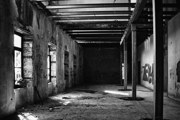 THASSOS, GREECE- September 15, 2015: Interior of abandoned building remains from an old factory in Metallia