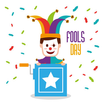 fools day man with joker mask in hte box prank vector illustration