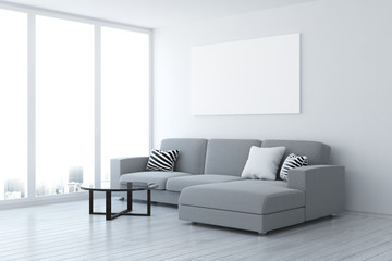 Contemporary living room with blank poster