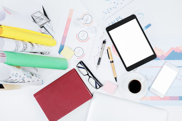 White office workspace with empty tablet