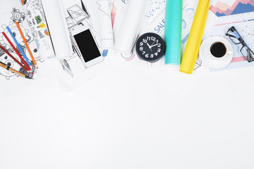 Creative office workspace with smarphone