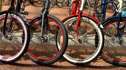 Wheels of different bicycles