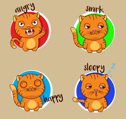Set of funny cat sticker illustrations with different emotions. Hand drawn, isolated vector emoji of cute funny cat.