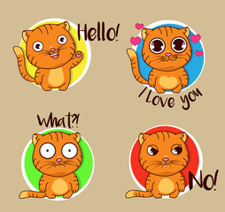 Set of funny cat sticker illustrations with different emotions. Hand drawn, isolated vector emoji of cute funny cat.