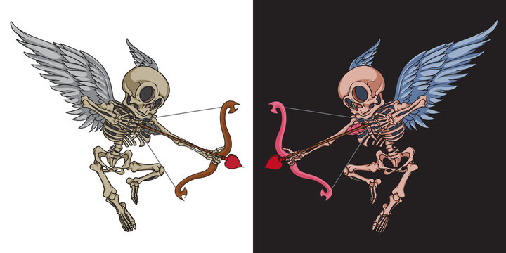 Skeleton cupid mascot with angel wings, bow and cupid arrow. Good for greeting carts, banners, stickers, t-shirts and posters.  