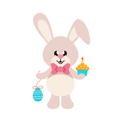 Obraz na płótnie Canvas cartoon easter bunny with tie and easter egg and cake