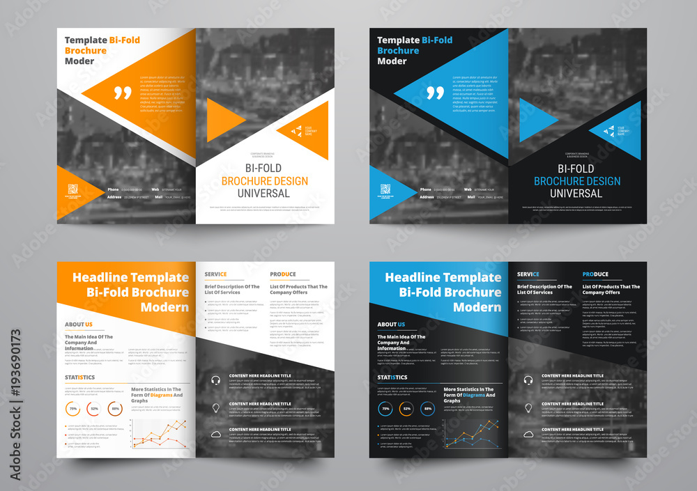 Poster vector template of white and black bi-fold brochure with colored elements and place for photo.