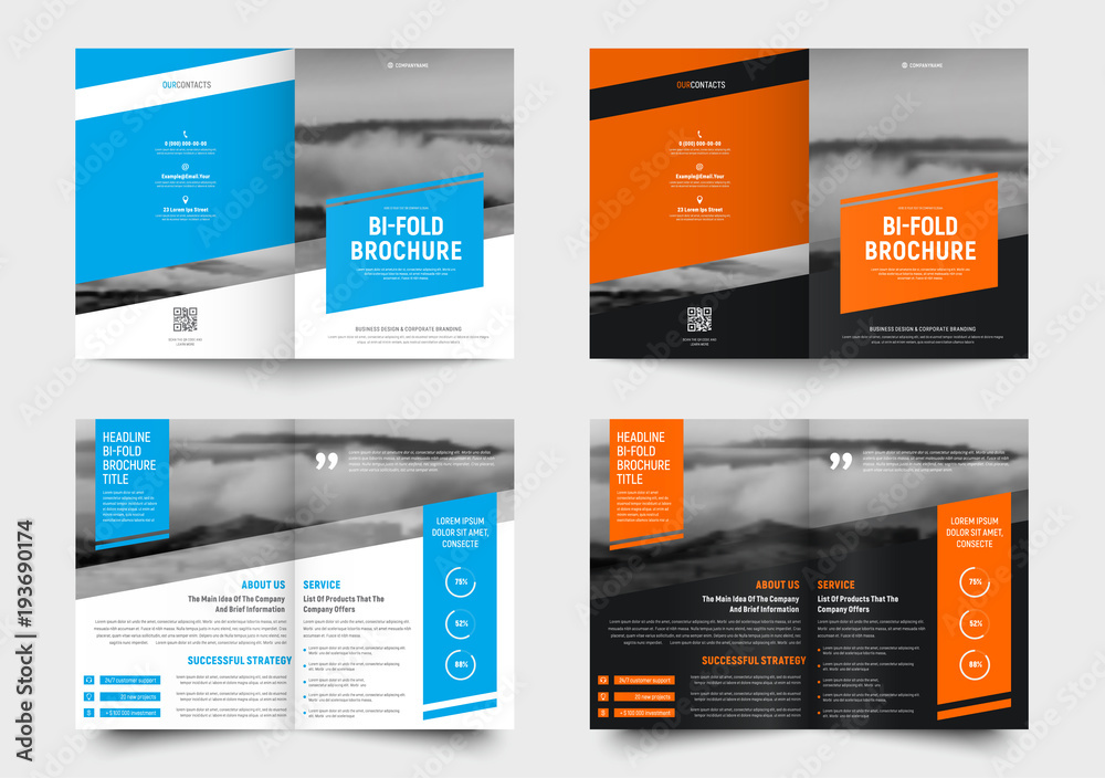 Poster Design a white and black bi-fold brochure with colored diagonal elements and a place for photos.