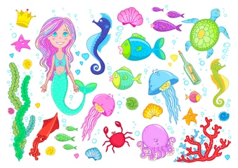 Wall murals Sea life Marine life and little mermaid, fishes, jelly fish, shells, octopus, crab, seaweed, coral, sea horse and starfish, vector collection made in cartoon style.