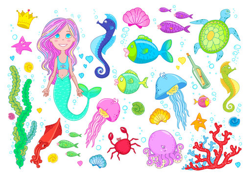 Marine life and little mermaid, fishes, jelly fish, shells, octopus, crab, seaweed, coral, sea horse and starfish, vector collection made in cartoon style.