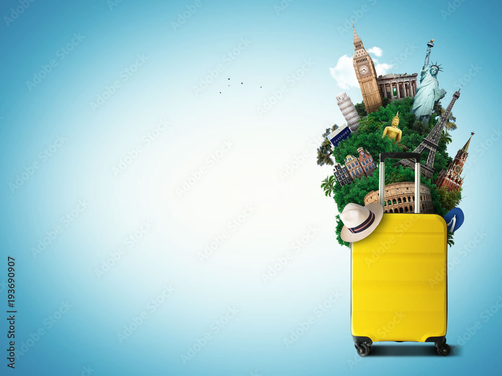 Wall mural yellow travel bag with world landmark, holiday and tourism