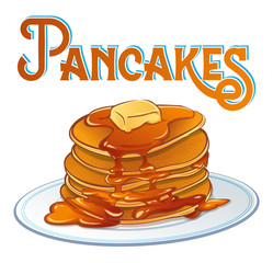 Pancakes. Vector illustration of pancakes portion on plate with butter slice and maple syrup.