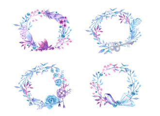 Watercolor vignettes with flowers and feathers. Design for invitations, postcards, website, poster, banner