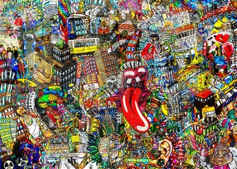 Poster Graffiti, City, eine Illustration einer großen Collage mit Häusern, Autos und Menschen © Zarya Maxim
