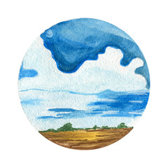 Fototapeta premium Watercolor landscape background. Beautiful cloudy landscapes
