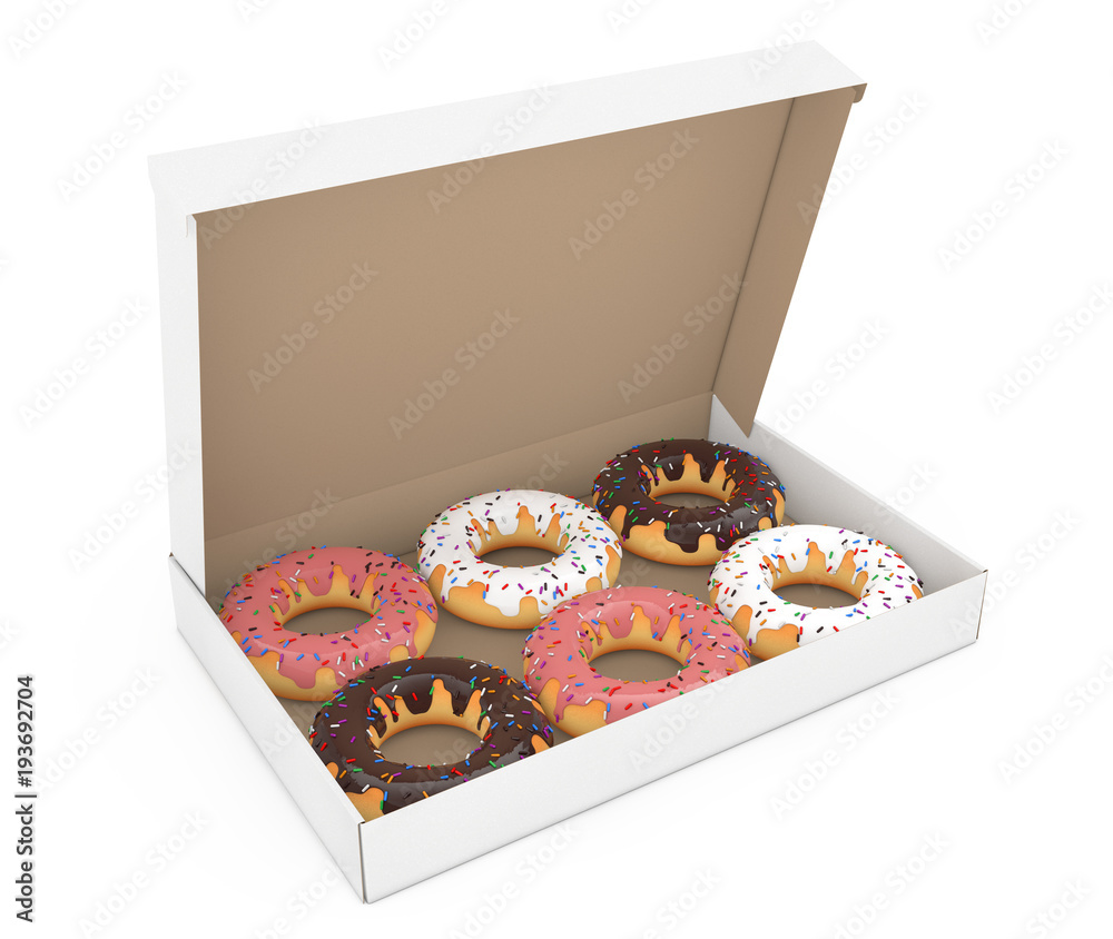 Aufkleber assorted sweet donuts in a paper cardboard box. 3d rendering