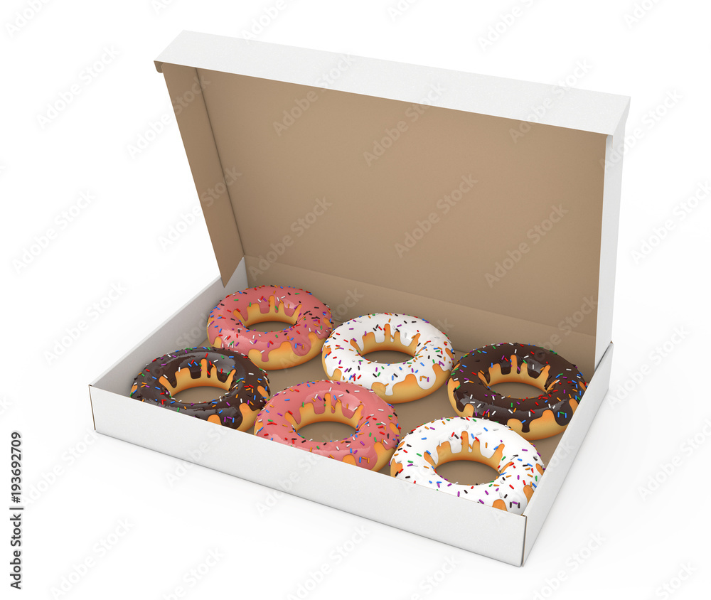 Aufkleber assorted sweet donuts in a paper cardboard box. 3d rendering