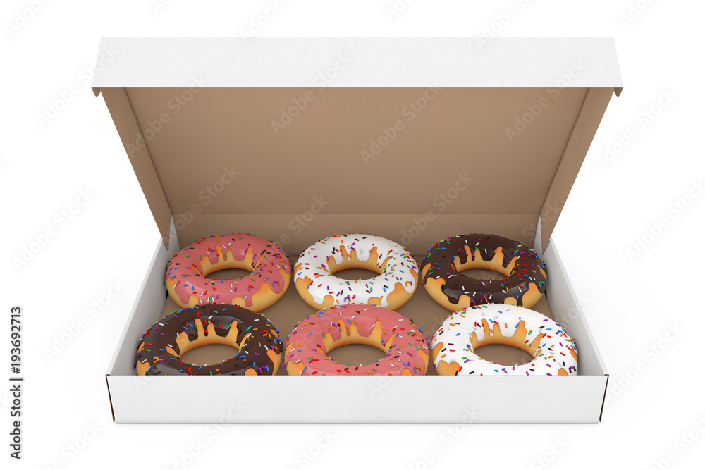 Aufkleber assorted sweet donuts in a paper cardboard box. 3d rendering