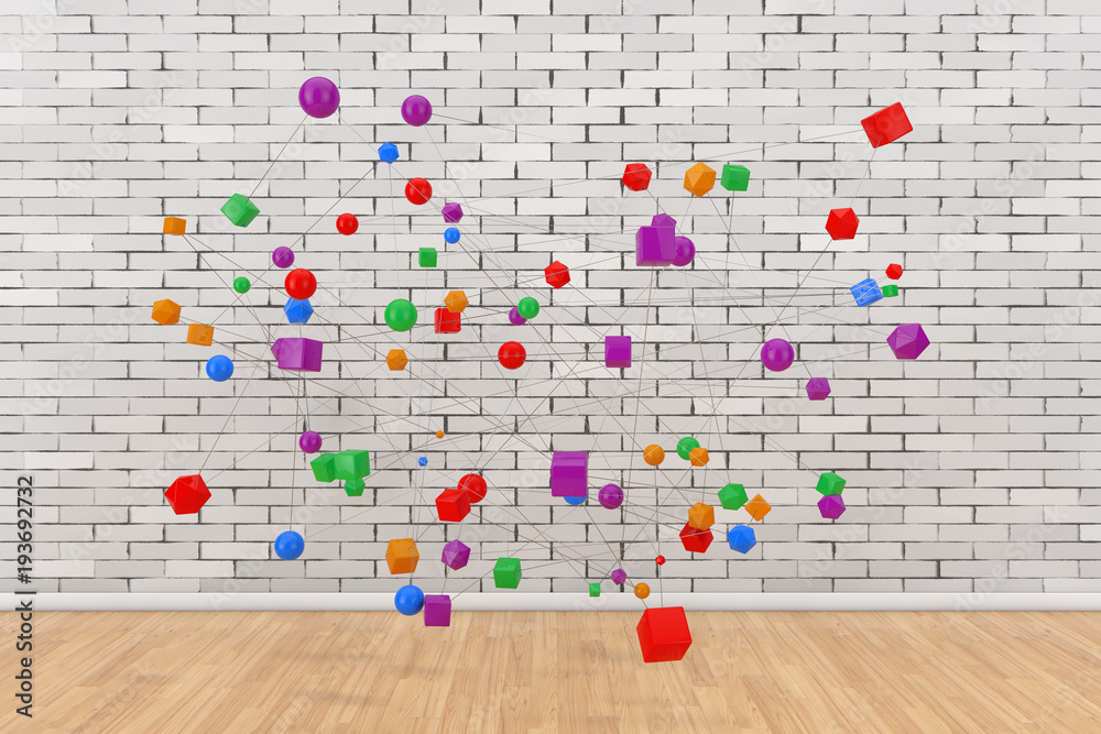 Aufkleber Network Connections Concept. Abstract Colored Figures connected with Lines. 3d Rendering