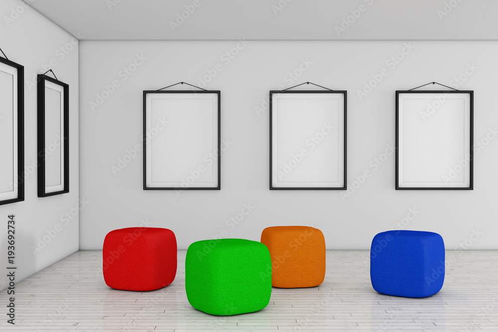Poster art gallery museum with white blank placard mockup frames and colored armchair cube bag. 3d renderin