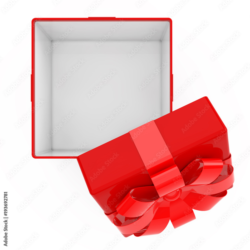 Poster opened red gift box with red ribbon top view. 3d rendering