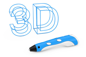 Technology Concept. 3d Printing Pen near Plastic 3d Letters Sign. 3d Rendering