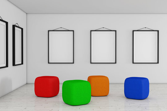 Art Gallery Museum with White Blank Placard Mockup Frames and Colored Armchair Cube Bag. 3d Rendering