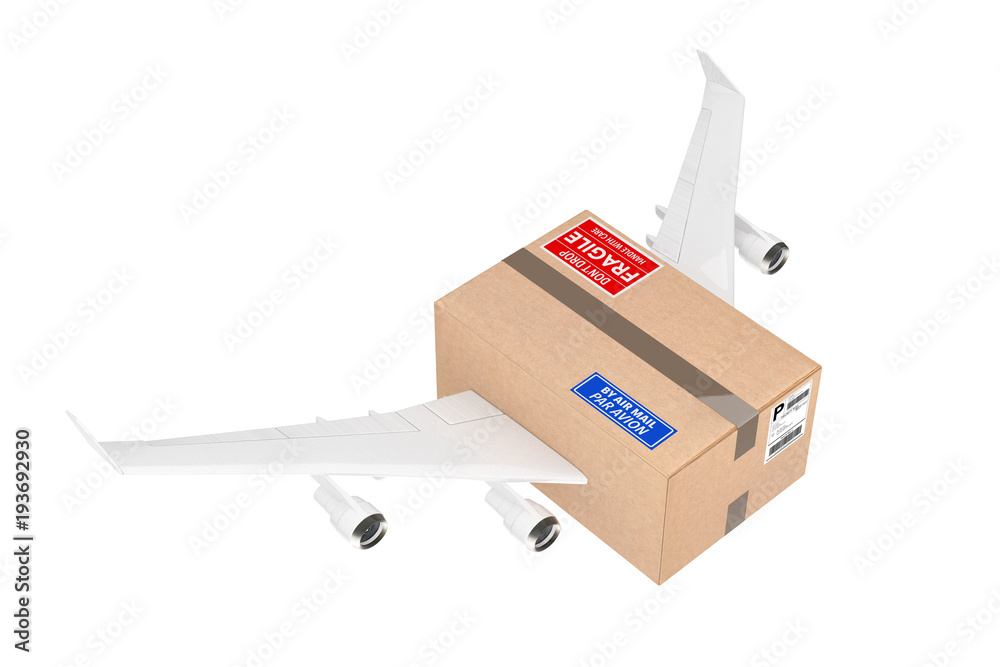 Poster airmail shipping concept. cardboard box parcel with jet engines and airplane wings. 3d rendering