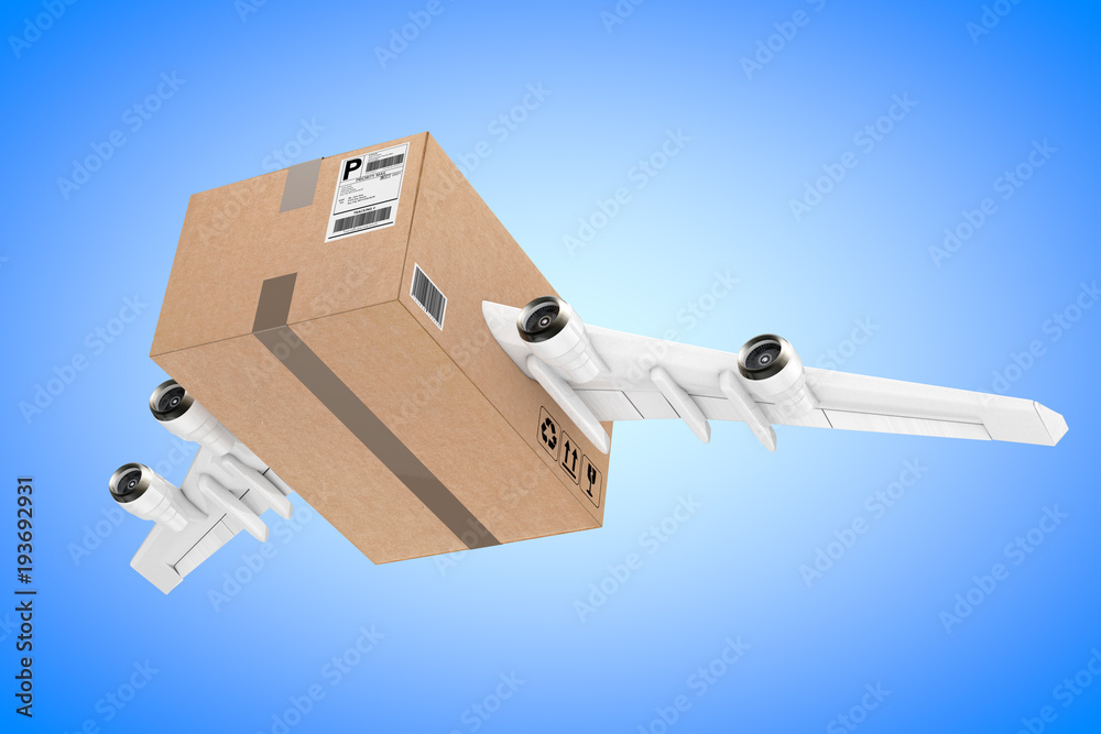 Poster airmail shipping concept. cardboard box parcel with jet engines and airplane wings. 3d rendering