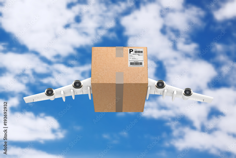 Poster airmail shipping concept. cardboard box parcel with jet engines and airplane wings. 3d rendering