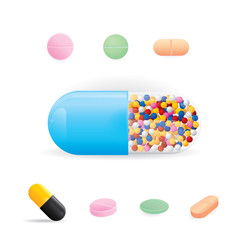 Medicine pills , capsules and tablets isolated on white background. Vector illustration of pharmaceutical