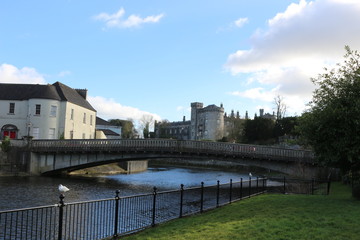 Fototapeta na wymiar riverside railings view of kilkenny castle town and bridge