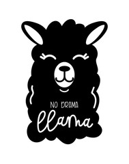 No drama llama cute card with cartoon llama. Llama motivational and inspirational quote. Cute  llama drawing with lettering isolated on white backround, hand drawn vector illustration.