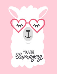 You are llamazing llama quote. Llama motivational and inspirational vector poster. Simple cute white llama drawing with lettering. You are amazing quote with llama. © mitoria