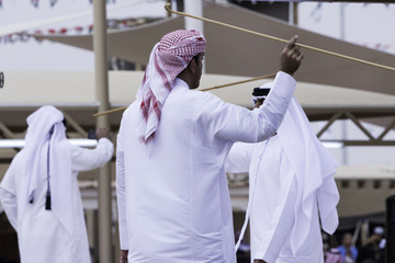 Men perform a Yawalah traditional dance in Janadriyah Festival Essay February 23, 2018 in Riyadh,...