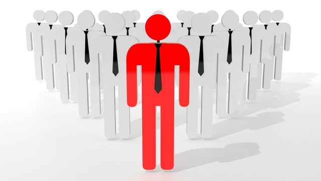 Stand out from crowd concept. Red man icon in front of white man icons. Leardership