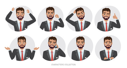 Set of emotions and poses for business man. Portrait of Male in a cartoon style experiences different emotions
