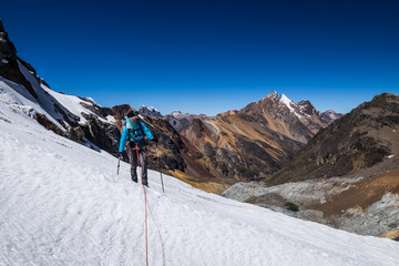 Climbing the Rasac pass on the Huayhuash alpine circuit.