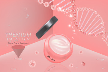 Pink cosmetic container with advertising background ready to use, luxury skin care ad. vector 3d illustration.	
