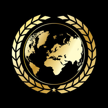 A golden globe with  wheaten wreath. Gold earth on a black background. Vector illustration.