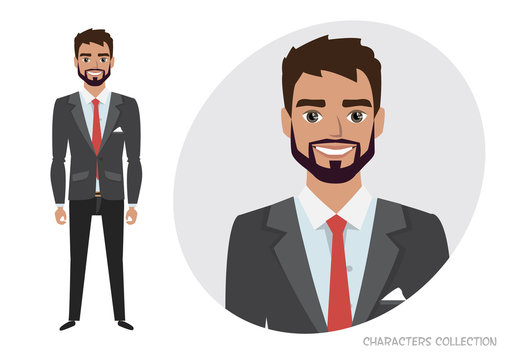 businessman with beard in formal suit. Full length portrait of Cartoon Businessman. Character for rigging and animation