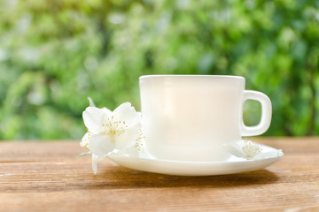 Fototapeta na wymiar White mug of tea with jasmine on a background greenery, sunlight. Close up