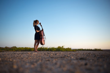 Young beautiful girl with her cello on the outside - obrazy, fototapety, plakaty