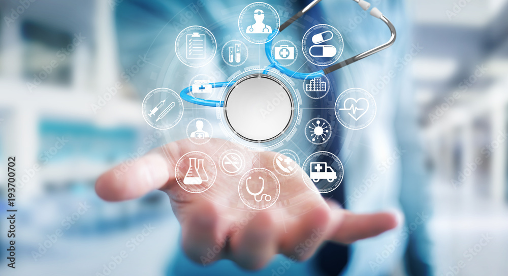 Aufkleber businessman holding and touching floating stethoscope 3d rendering