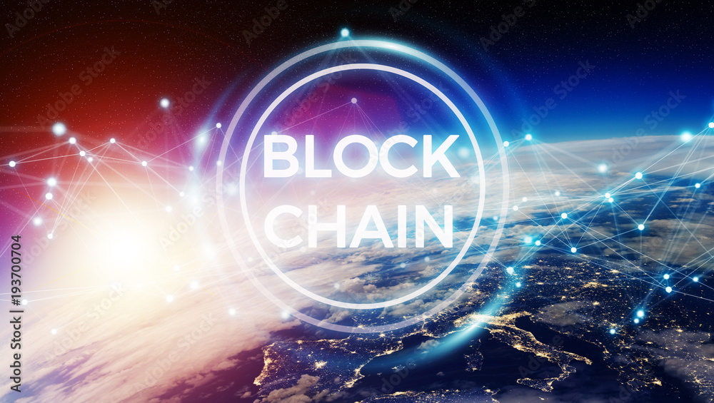 Poster Blockchain on planet Earth 3D rendering