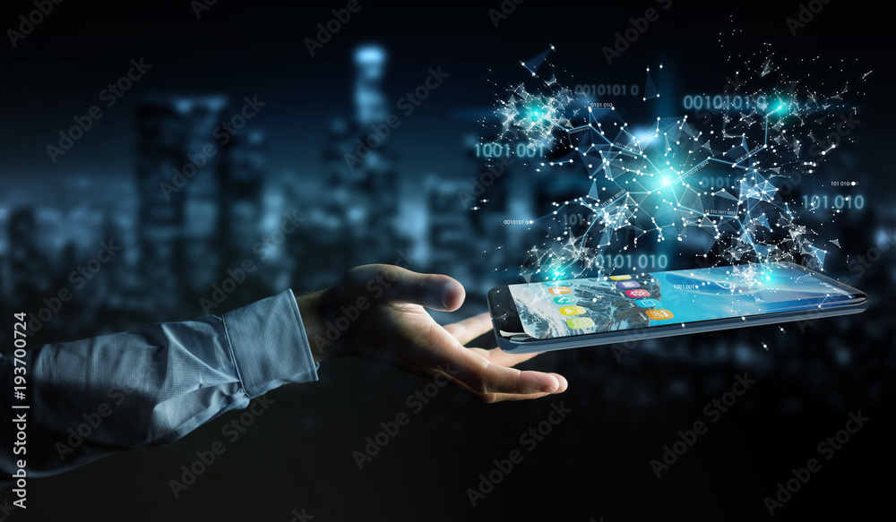 Leinwandbilder Businessman using digital binary code on mobile phone 3D rendering