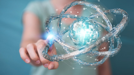 Businesswoman using futuristic torus textured object 3D rendering