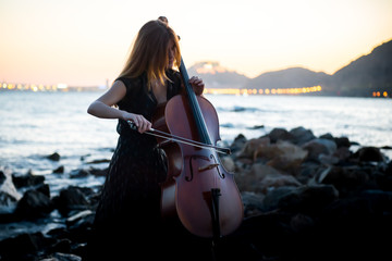 Young beautiful girl with her cello on the outside © luismolinero